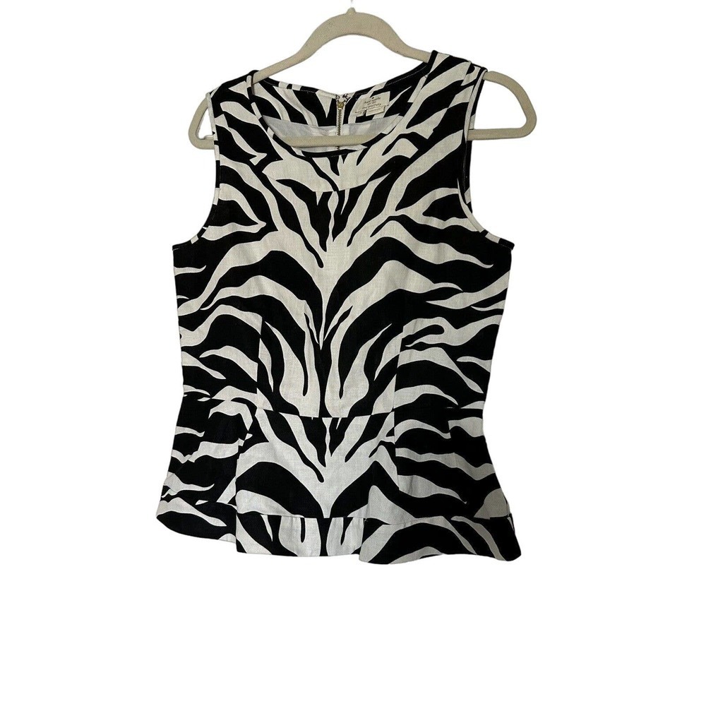 Kate Spade Women’s Top Size 8 Randi Zebra Animal Print Peplum Blouse Linen